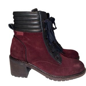Carmela Burgundy Suede Leather Heeled Boots Womens Size 39 (8.5) Chunky Combat